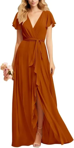 YRGERATON V-Neck Wedding Bridesmaid Dresses with Slit Ruched Chiffon Short Sleeve Formal Evening Prom Gown
