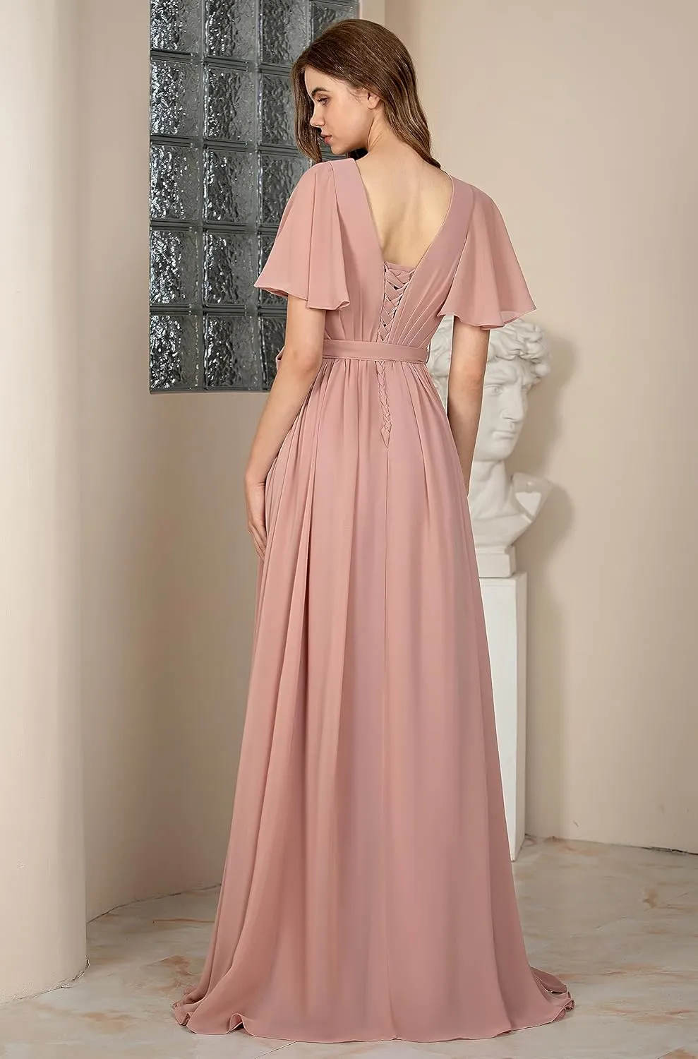 YRGERATON V-Neck Wedding Bridesmaid Dresses with Slit Ruched Chiffon Short Sleeve Formal Evening Prom Gown
