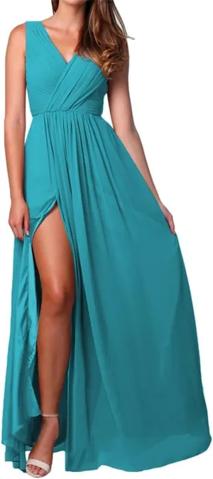 YRGERATON Women's V-Neck Wedding Bridesmaid Dresses Pleated Chiffon Formal Evening Prom Party Gown with Slit
