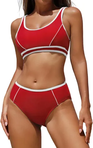 ZAFUL Women High Waisted Bikini Sets Color Block Sporty 2 Piece Bathing Suit Adjustable Straps Tummy Control Swimwear