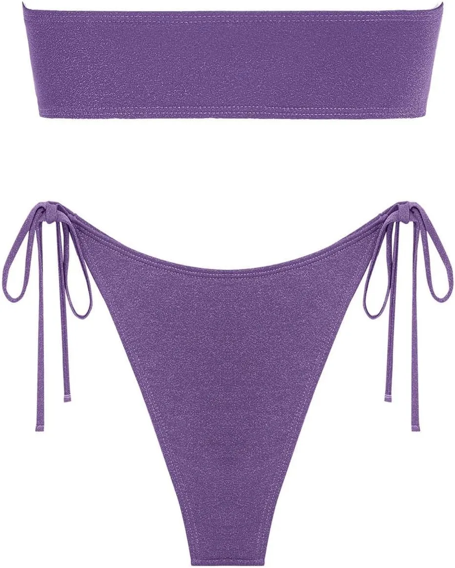 ZAFUL Women's Bandeau Bikini Set O Ring Strapless Swimsuit Tie Side Swimwear Halter Two Piece Bathing Suit