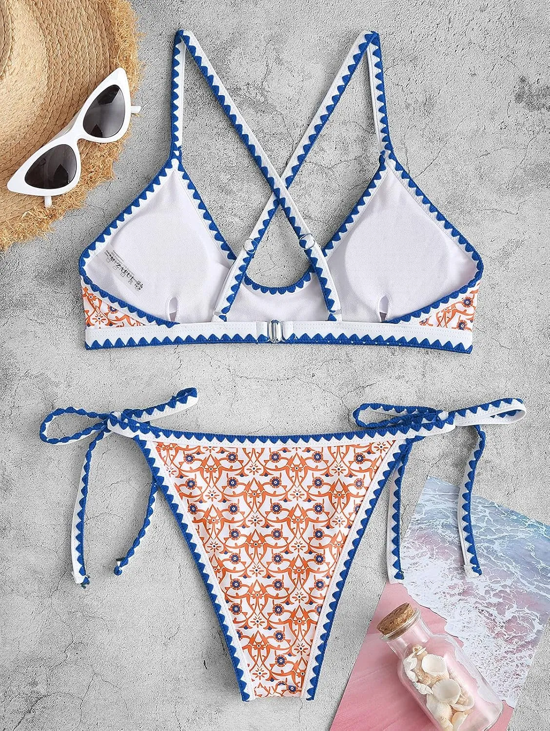 ZAFUL Women's Bohemian Swimsuit Strappy Tie Side Bikini Set Triangle Cheeky String Brazilian Swimwear
