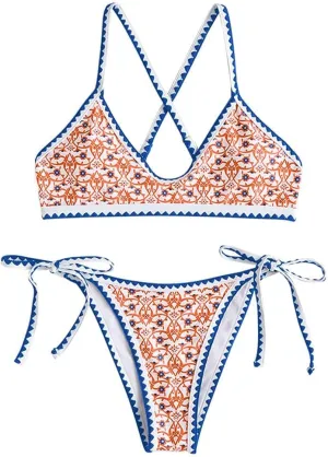 ZAFUL Women's Bohemian Swimsuit Strappy Tie Side Bikini Set Triangle Cheeky String Brazilian Swimwear