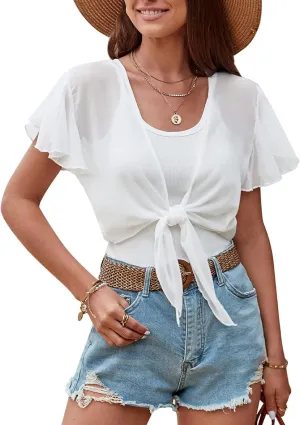 ZAFUL Women's Chiffon Cropped Bolero Sheer Shrugs for Dress Short Sleeve Tie Front Cardigan