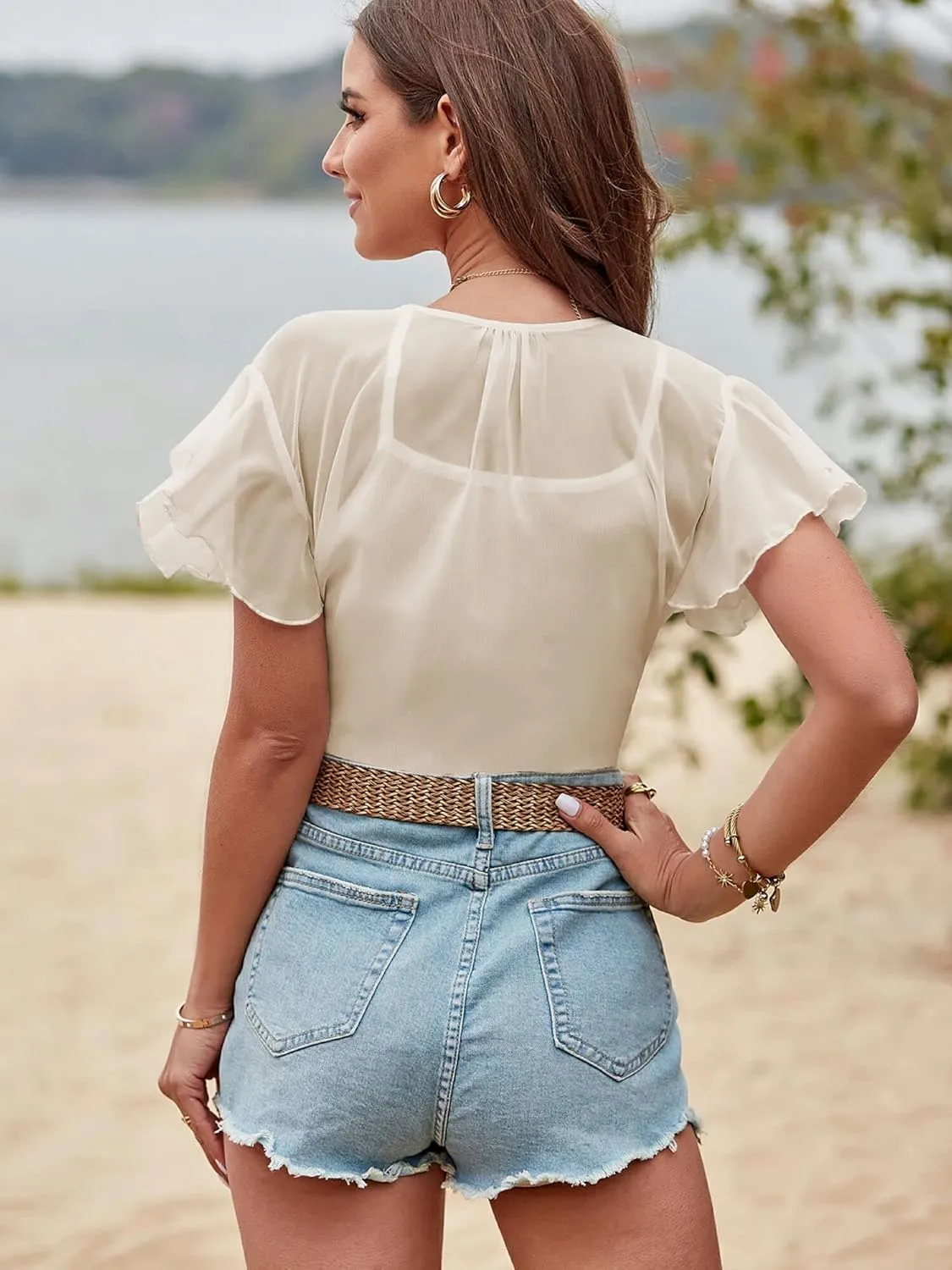 ZAFUL Women's Chiffon Cropped Bolero Sheer Shrugs for Dress Short Sleeve Tie Front Cardigan