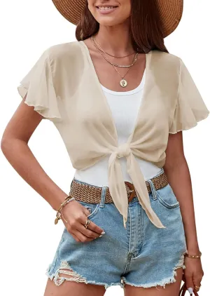ZAFUL Women's Chiffon Cropped Bolero Sheer Shrugs for Dress Short Sleeve Tie Front Cardigan