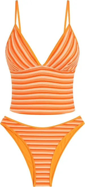 ZAFUL Women's Spaghetti Strap Tankini Swimsuits V Neck Tummy Control Tie Side Thong Bikini Swimsuits 2 Piece Bathing Suits