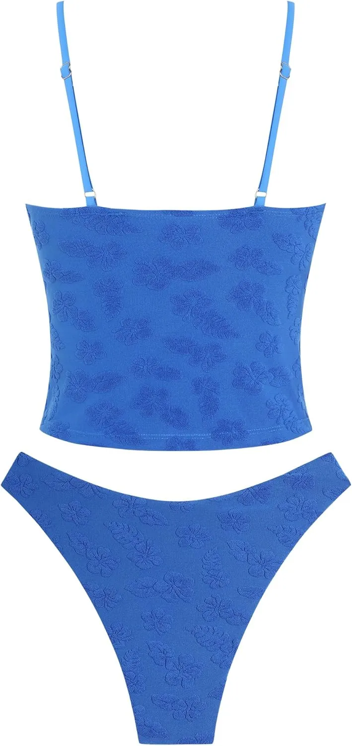 ZAFUL Women's Spaghetti Strap Tankini Swimsuits V Neck Tummy Control Tie Side Thong Bikini Swimsuits 2 Piece Bathing Suits