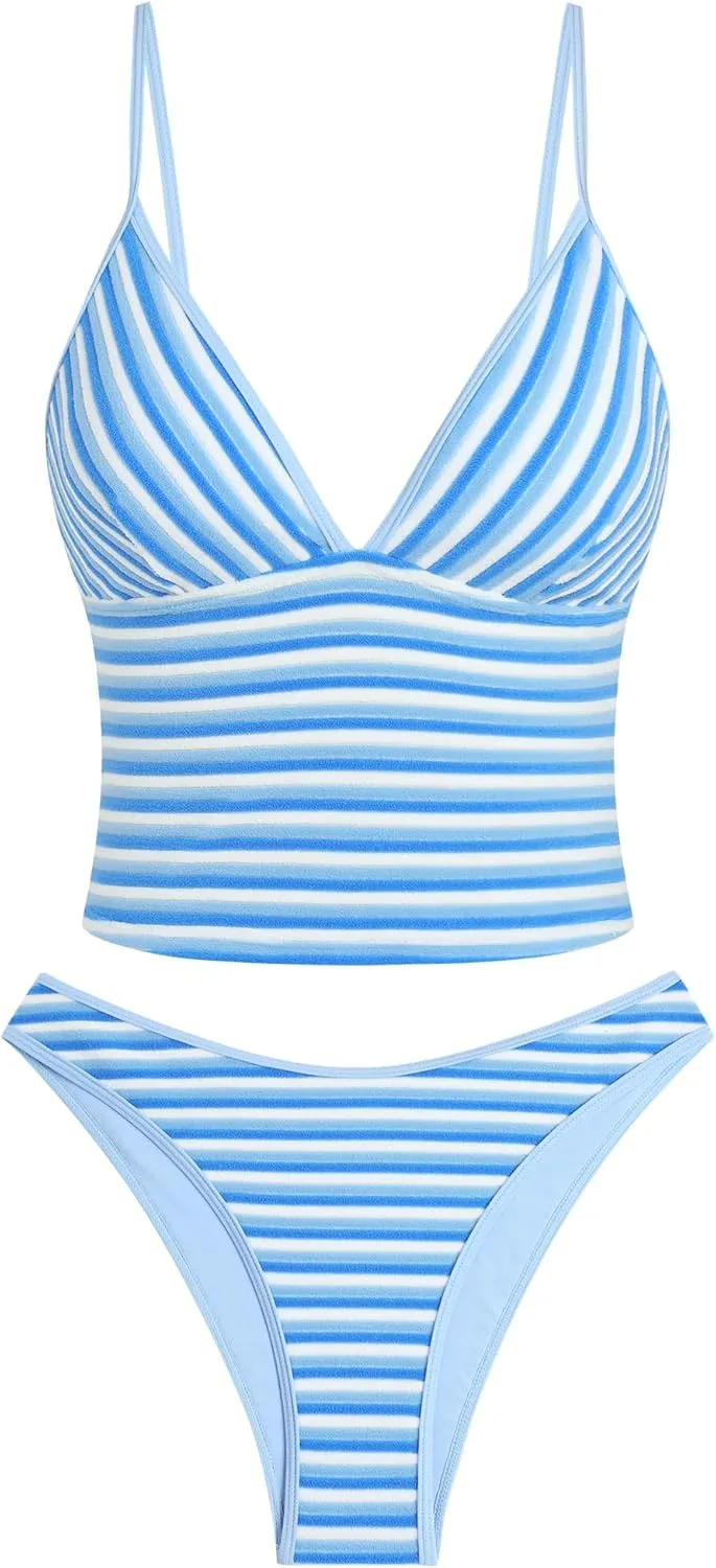 ZAFUL Women's Spaghetti Strap Tankini Swimsuits V Neck Tummy Control Tie Side Thong Bikini Swimsuits 2 Piece Bathing Suits