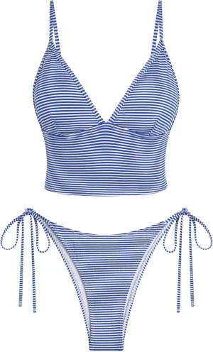 ZAFUL Women's Spaghetti Strap Tankini Swimsuits V Neck Tummy Control Tie Side Thong Bikini Swimsuits 2 Piece Bathing Suits