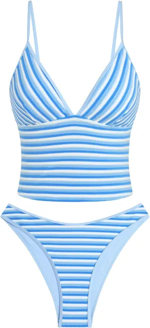 ZAFUL Women's Spaghetti Strap Tankini Swimsuits V Neck Tummy Control Tie Side Thong Bikini Swimsuits 2 Piece Bathing Suits