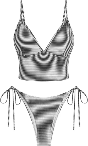 ZAFUL Women's Spaghetti Strap Tankini Swimsuits V Neck Tummy Control Tie Side Thong Bikini Swimsuits 2 Piece Bathing Suits
