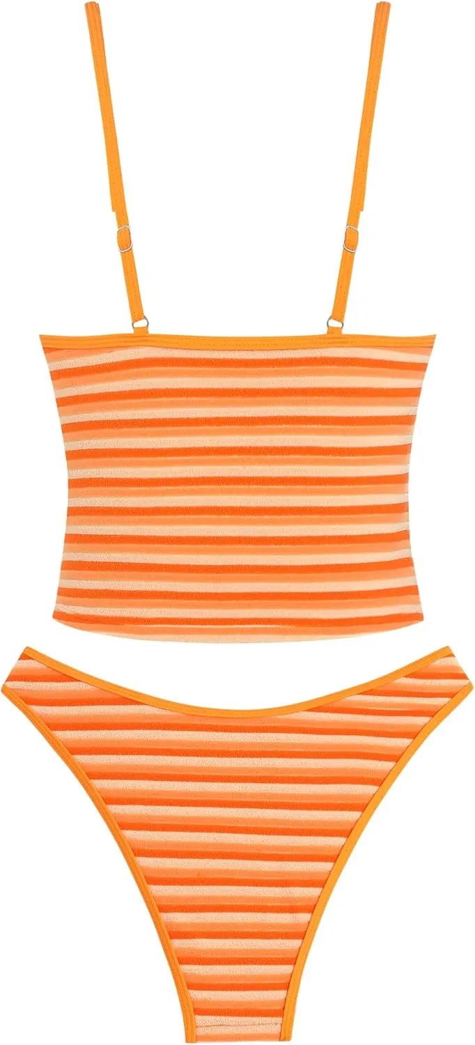 ZAFUL Women's Spaghetti Strap Tankini Swimsuits V Neck Tummy Control Tie Side Thong Bikini Swimsuits 2 Piece Bathing Suits