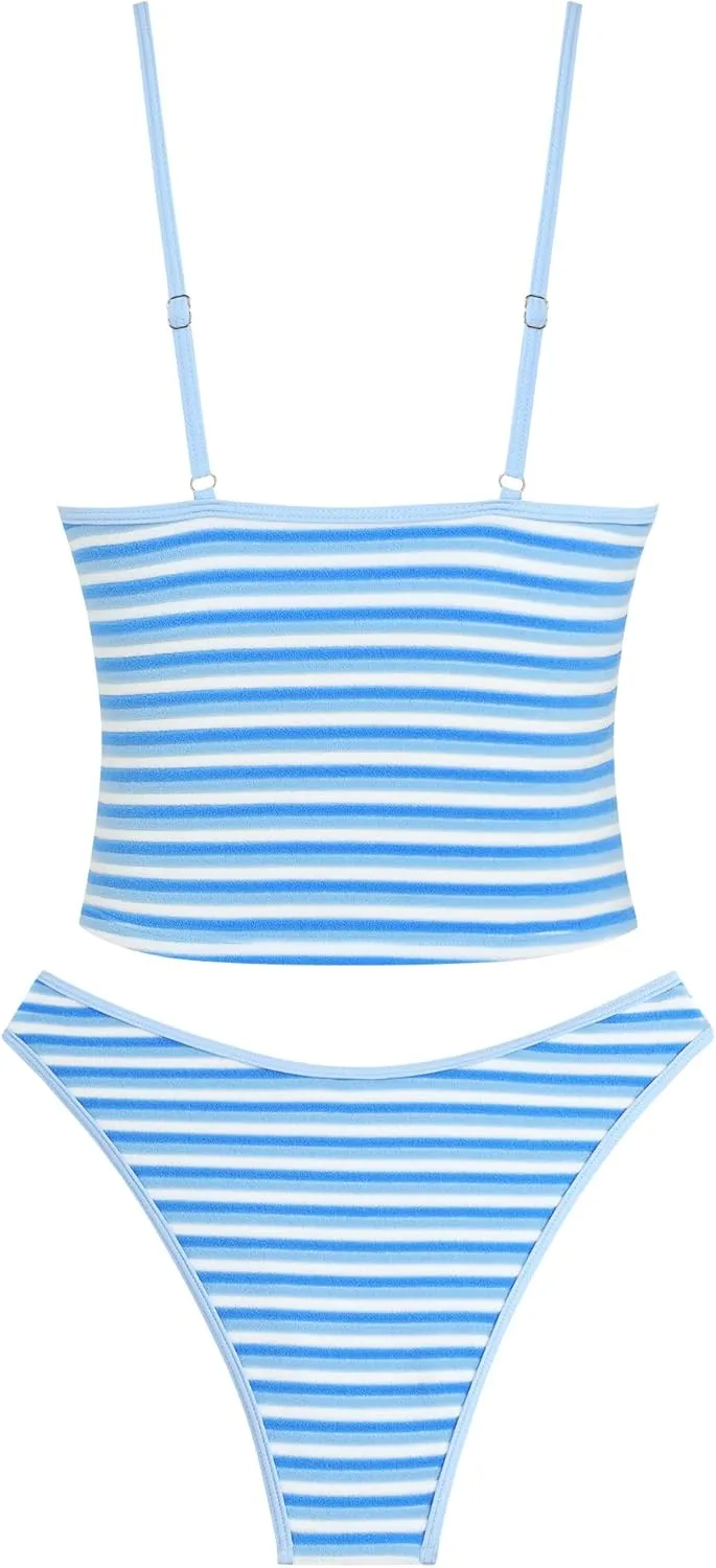 ZAFUL Women's Spaghetti Strap Tankini Swimsuits V Neck Tummy Control Tie Side Thong Bikini Swimsuits 2 Piece Bathing Suits