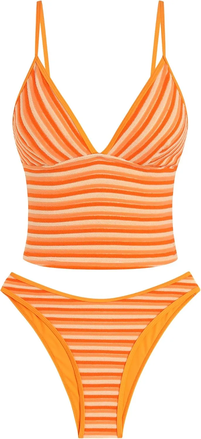 ZAFUL Women's Spaghetti Strap Tankini Swimsuits V Neck Tummy Control Tie Side Thong Bikini Swimsuits 2 Piece Bathing Suits