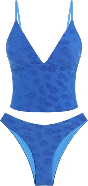 ZAFUL Women's Spaghetti Strap Tankini Swimsuits V Neck Tummy Control Tie Side Thong Bikini Swimsuits 2 Piece Bathing Suits