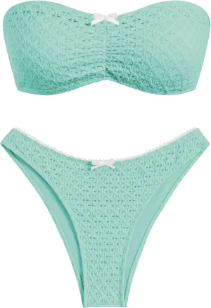 ZAFUL Women's Strapless Bikini Openwork Textured Bow Ruched Lace Up High Cut Bandeau Swimsuit Bathing Suits