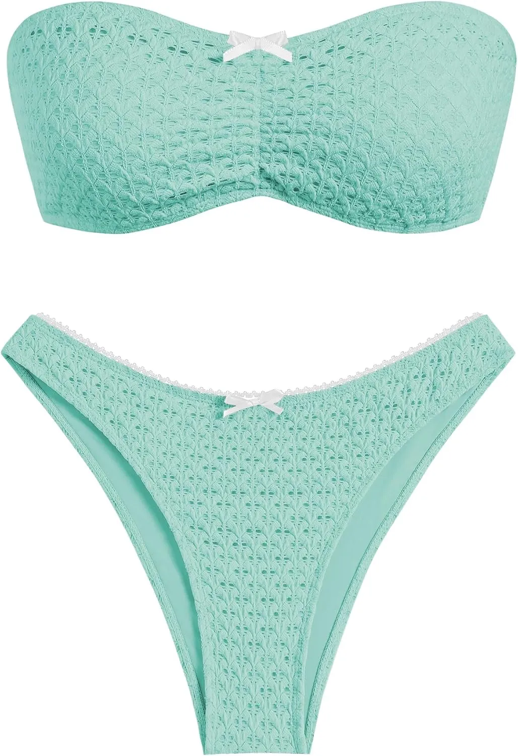 ZAFUL Women's Strapless Bikini Openwork Textured Bow Ruched Lace Up High Cut Bandeau Swimsuit Bathing Suits