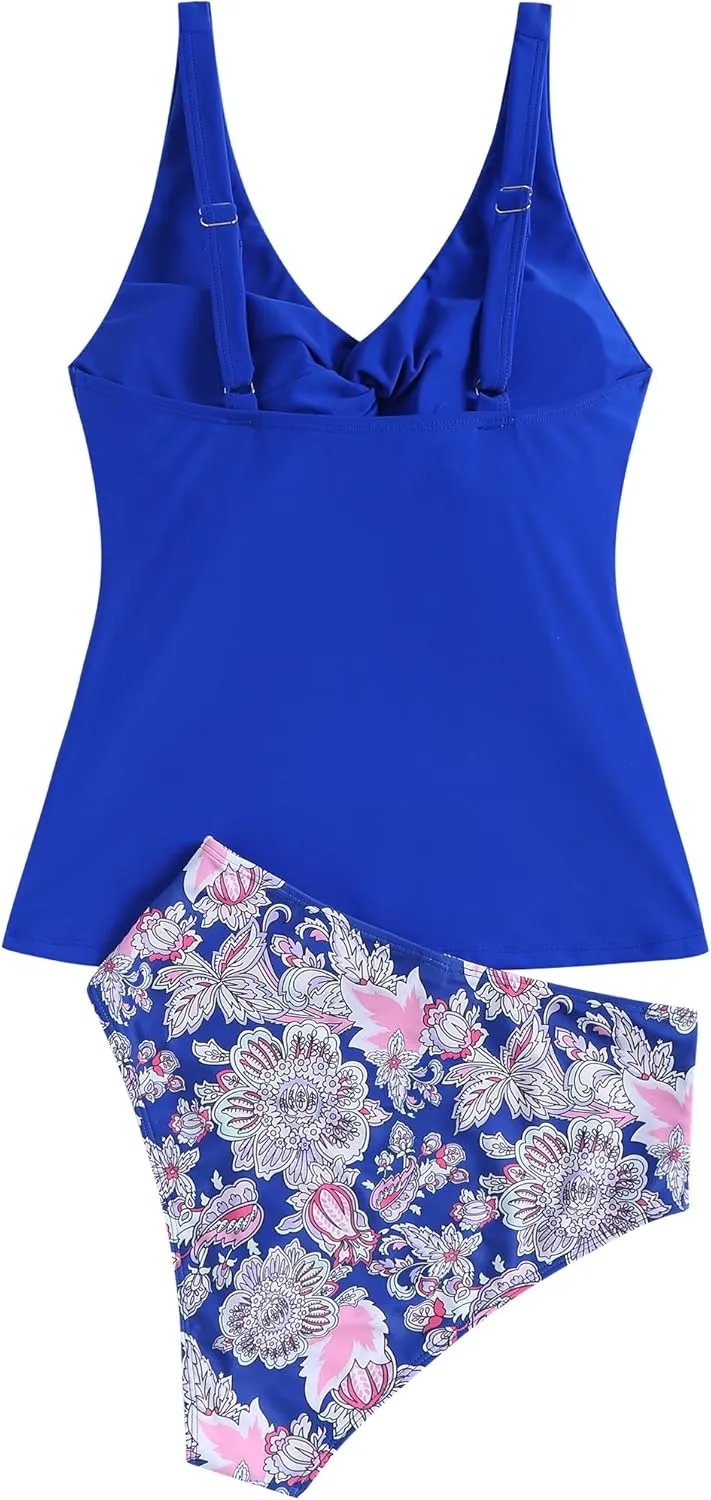 ZAFUL Women's Tankini Swimsuits Twist Front Tummy Control High Waisted Bikini Sets Two Piece Bathing Suits