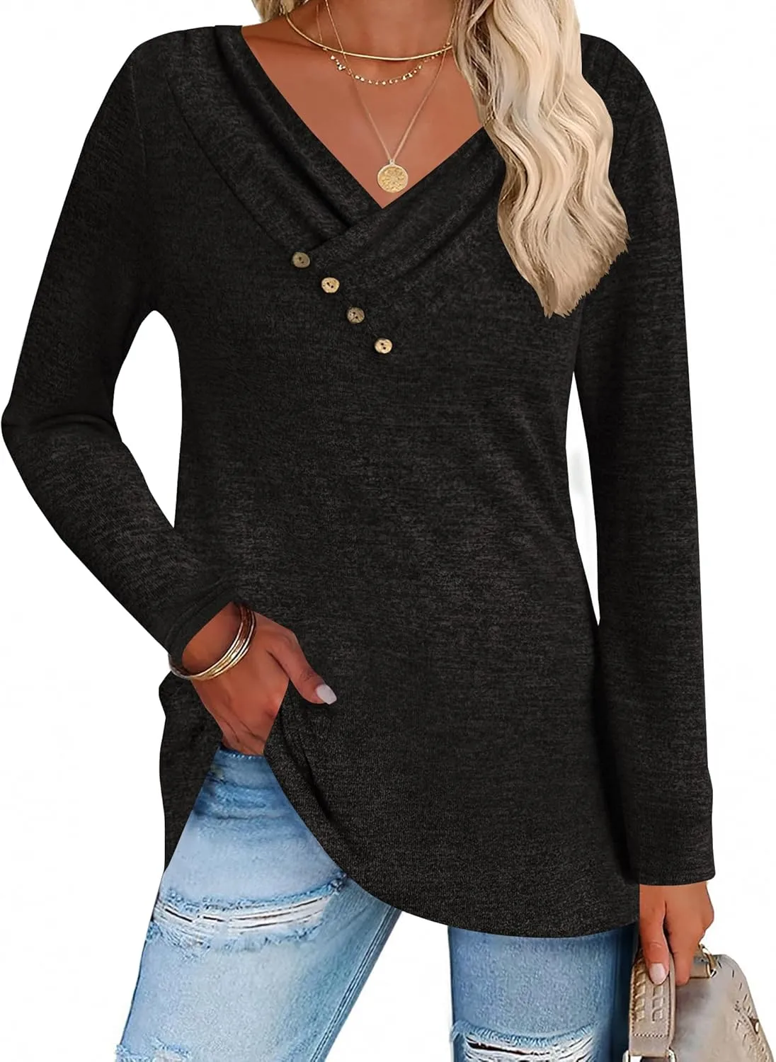 Zeagoo Women's Casual Tunic Tops Long Sleeve Shirts for Leggings V Neck Button Fall Pullover Blouse Loose Sweatshirts