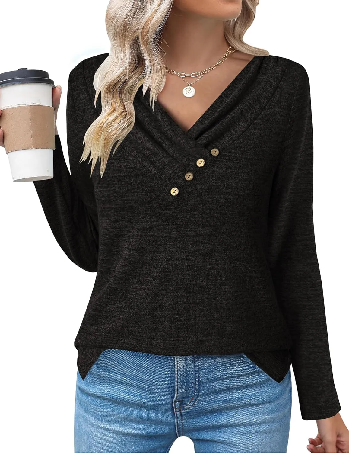 Zeagoo Women's Casual Tunic Tops Long Sleeve Shirts for Leggings V Neck Button Fall Pullover Blouse Loose Sweatshirts