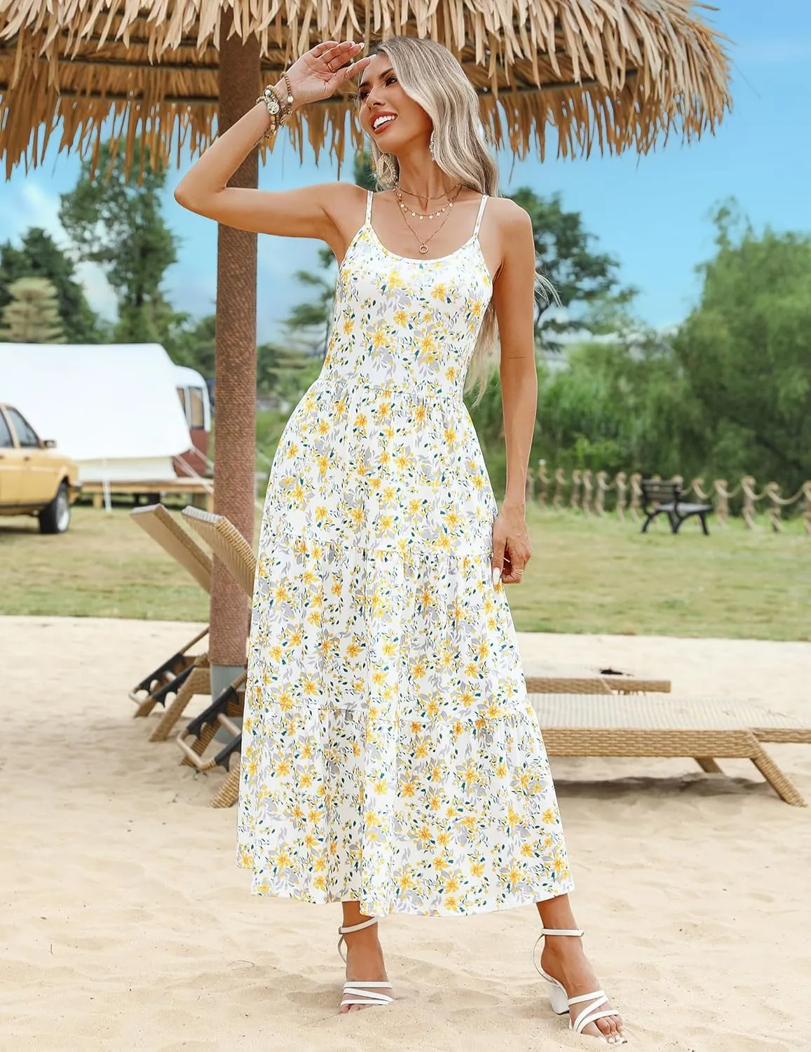 Zeagoo Womens Summer Long Dress Adjustable Spaghetti Strap Floral Casual Dress with Pockets Flowy Tiered Beach Sundress
