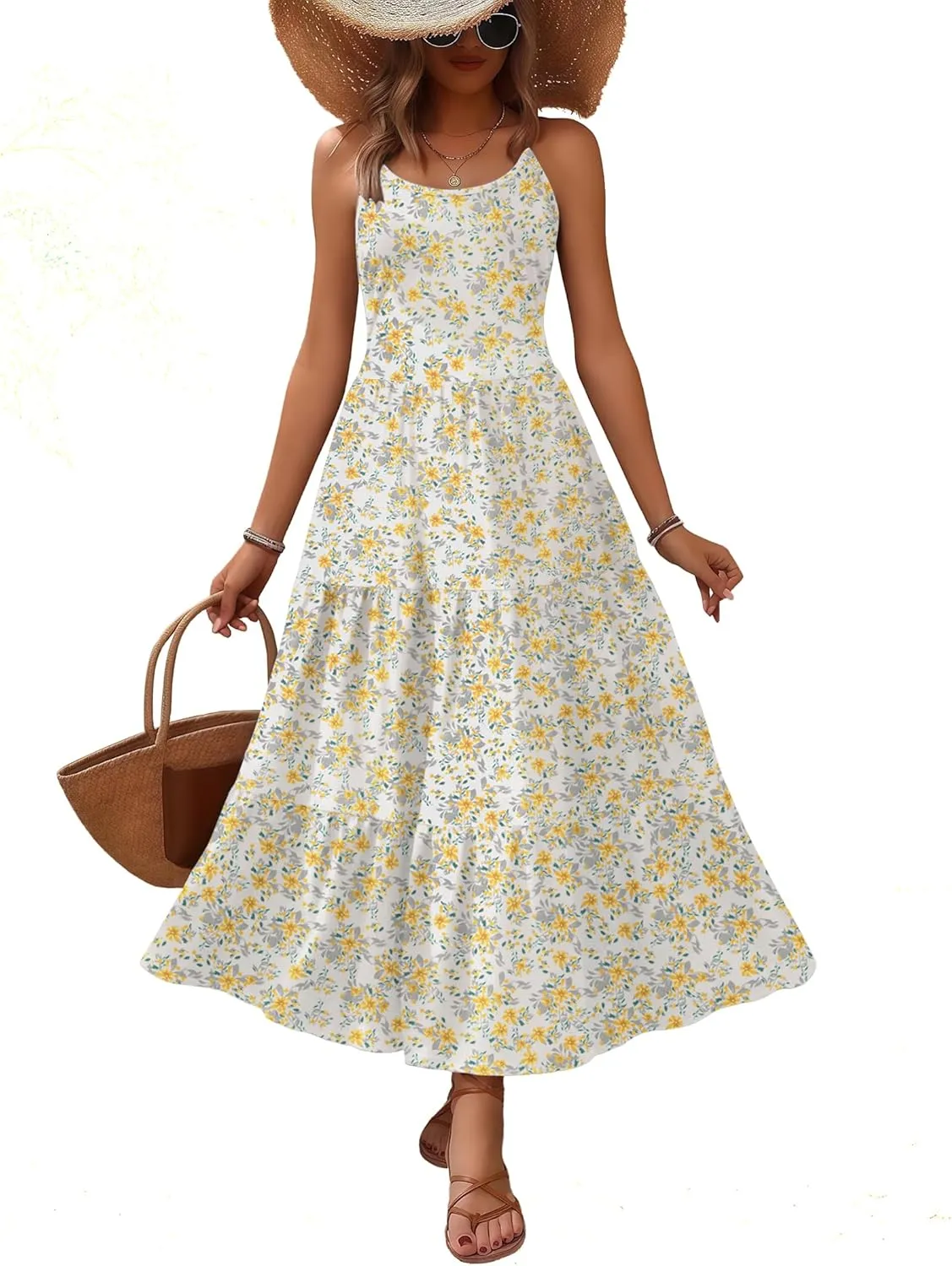 Zeagoo Womens Summer Long Dress Adjustable Spaghetti Strap Floral Casual Dress with Pockets Flowy Tiered Beach Sundress