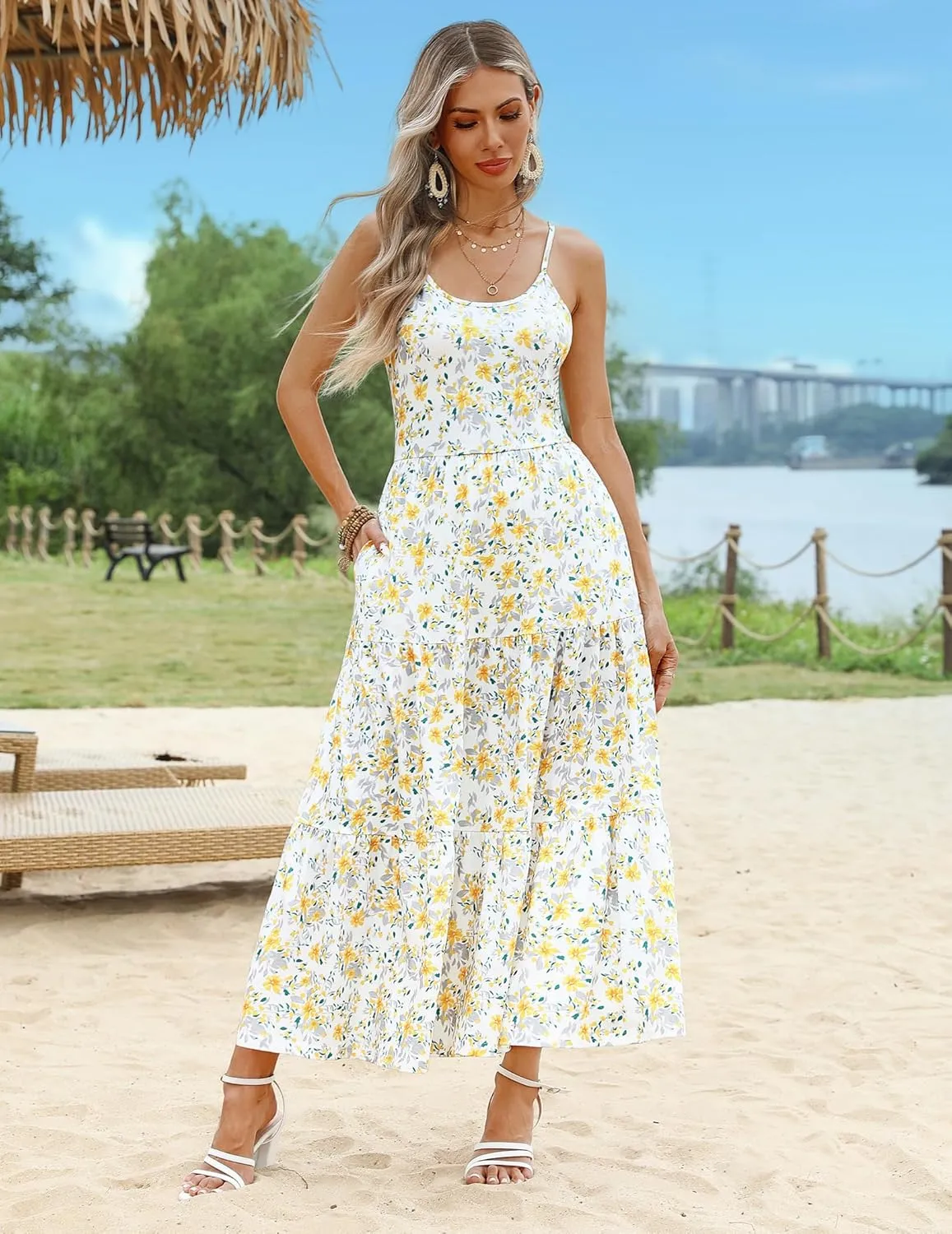 Zeagoo Womens Summer Long Dress Adjustable Spaghetti Strap Floral Casual Dress with Pockets Flowy Tiered Beach Sundress