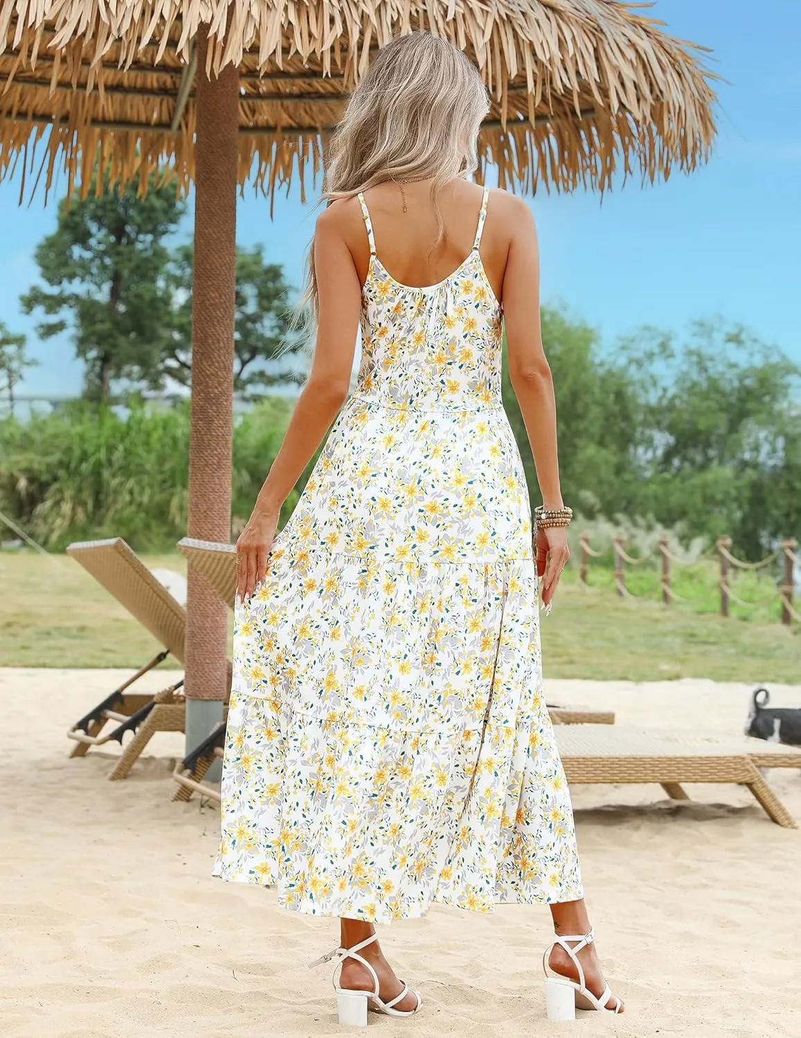 Zeagoo Womens Summer Long Dress Adjustable Spaghetti Strap Floral Casual Dress with Pockets Flowy Tiered Beach Sundress