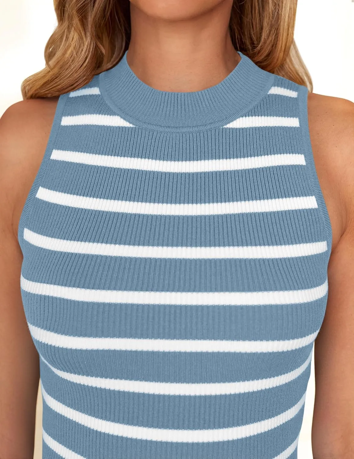 ZESICA Womens Ribbed Tank Tops High Neck Slim Fitted Striped Basic Casual Summer Sleeveless Shirts