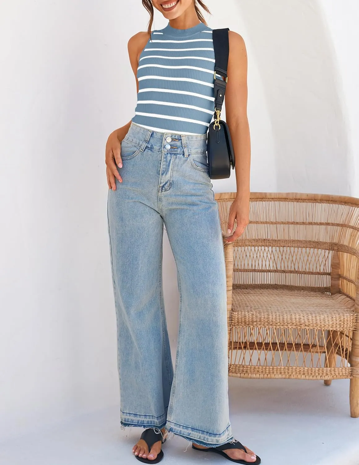 ZESICA Womens Ribbed Tank Tops High Neck Slim Fitted Striped Basic Casual Summer Sleeveless Shirts