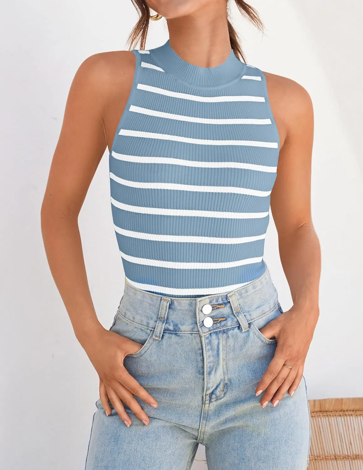 ZESICA Womens Ribbed Tank Tops High Neck Slim Fitted Striped Basic Casual Summer Sleeveless Shirts
