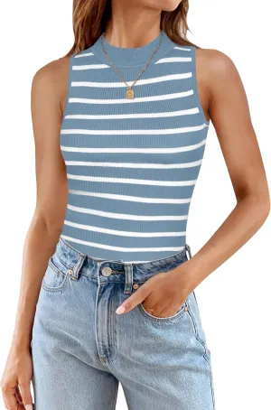 ZESICA Womens Ribbed Tank Tops High Neck Slim Fitted Striped Basic Casual Summer Sleeveless Shirts