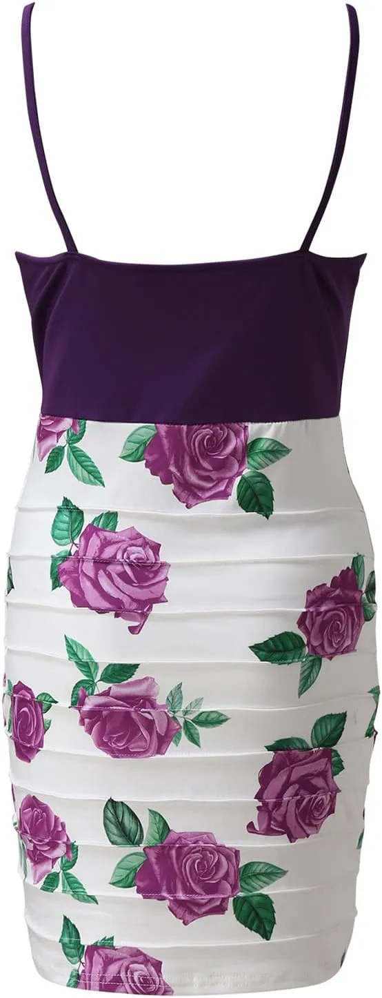 ZIUMUDY Womens V Neck Spaghetti Strap Bodycon Dress Floral Printed Party Club Dresses