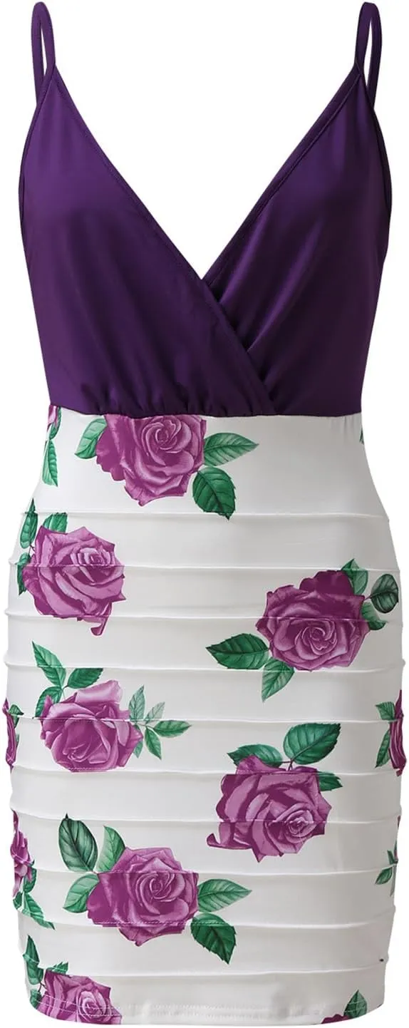 ZIUMUDY Womens V Neck Spaghetti Strap Bodycon Dress Floral Printed Party Club Dresses
