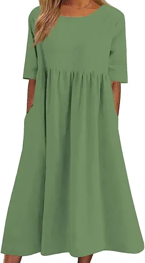 ZOCANIA Women's Half Sleeve Linen Maxi Dresses Casual Loose Plus Size Beach Dress for Women with Pockets