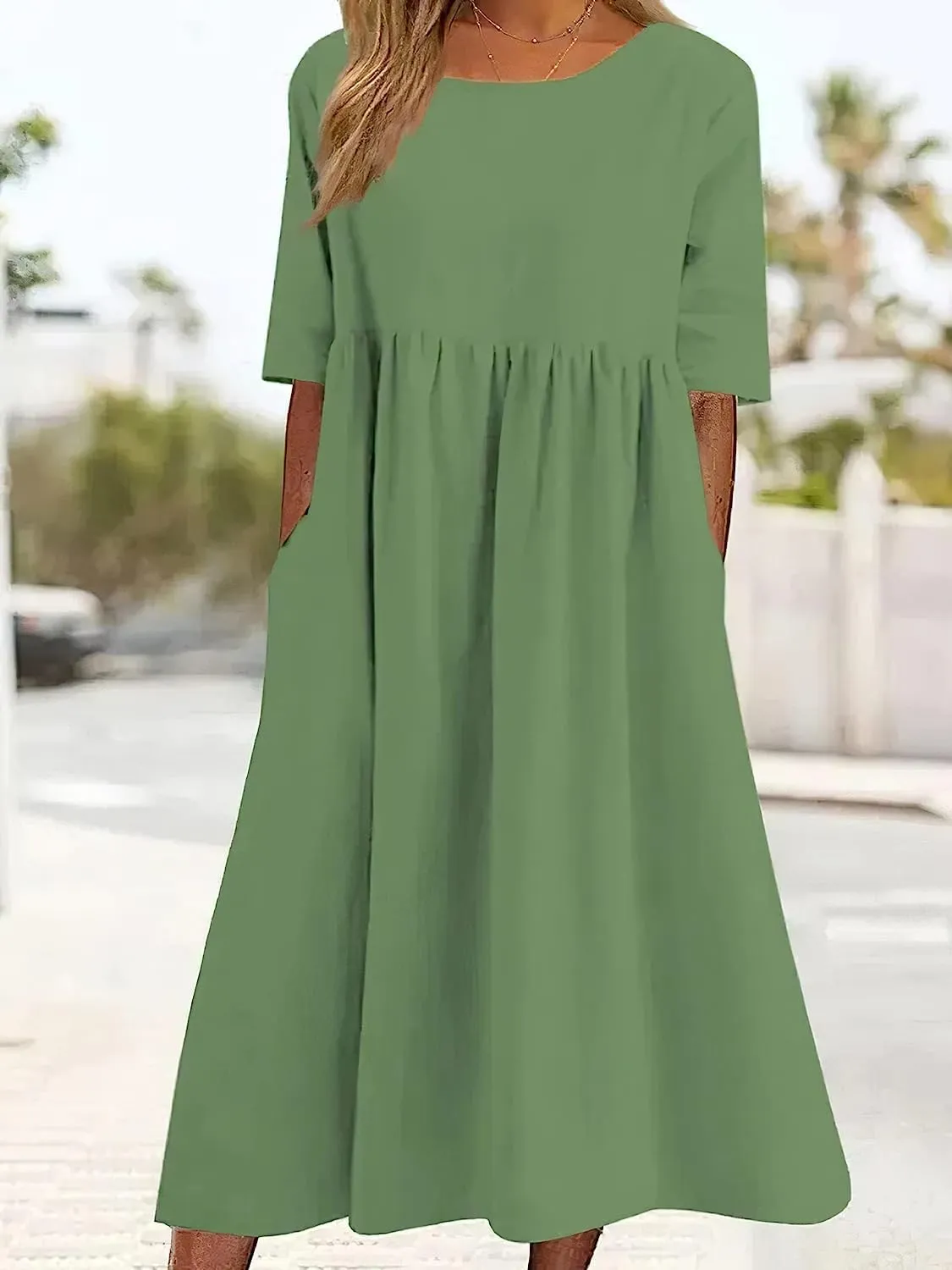 ZOCANIA Women's Half Sleeve Linen Maxi Dresses Casual Loose Plus Size Beach Dress for Women with Pockets
